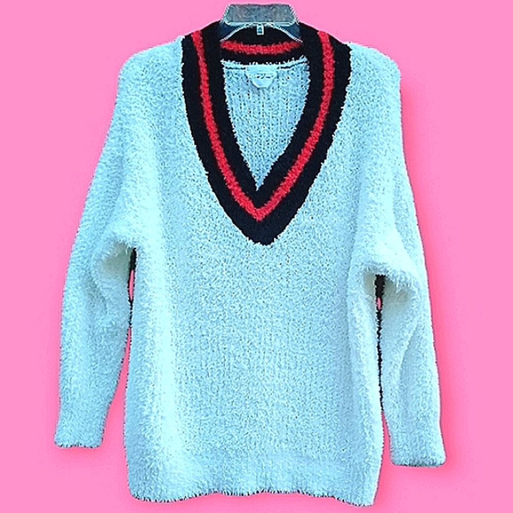EYELASH Fluffy Furry Colorblock Banded V-Neck Sweater LIKE NEW